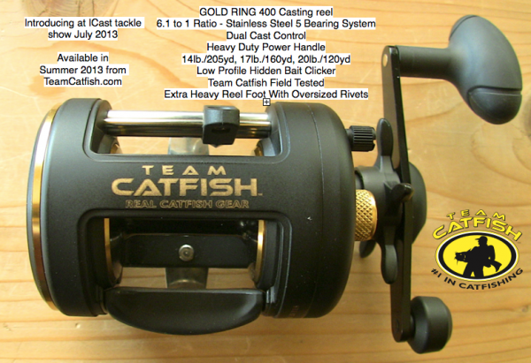 TEAM CATFISH Brand shows a new catfishing reel at ICast tackle show in July  2013.